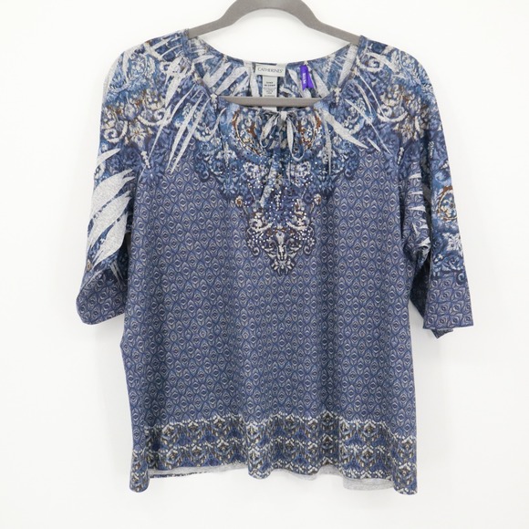 Catherines Embellished Top Womens 1XWP/18/20WP Blue Boho Bohemian Casual Resort - Picture 1 of 13
